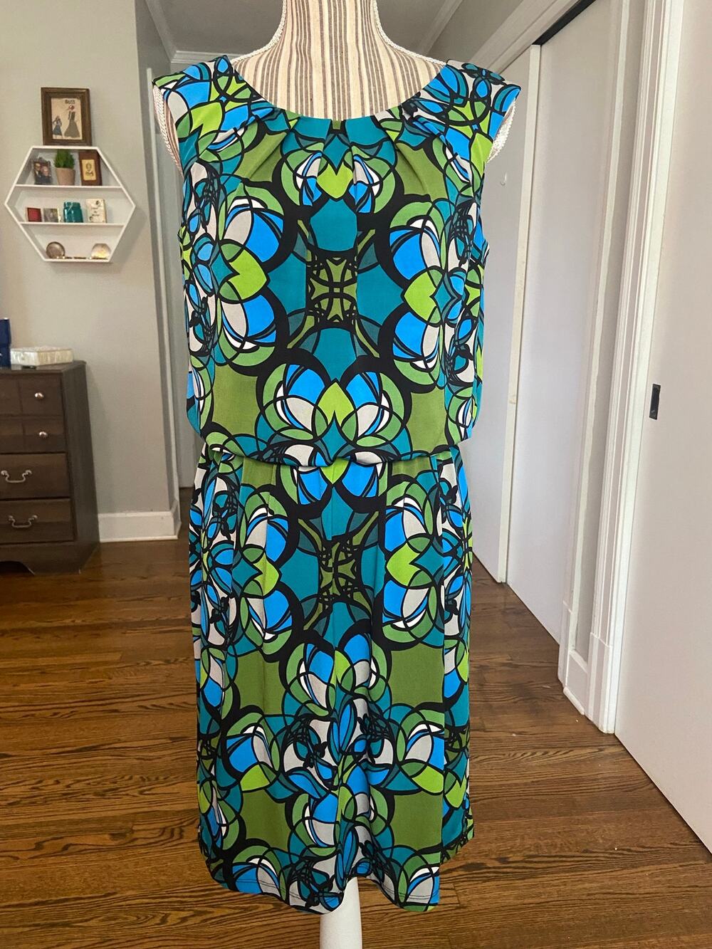 Maggy L green and torquoise print sleeveless knit dress